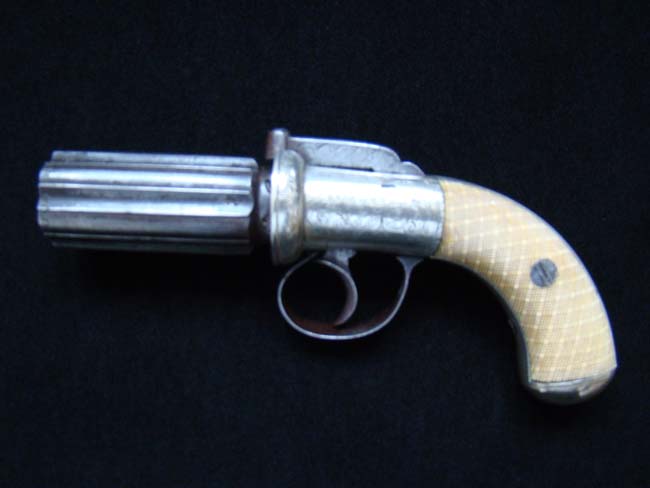 A Beautiful Engraved English Bar Hammer Pepperbox Pocket Pistol circa 1850